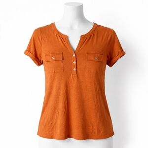 J. Jill Short Sleeve Henley Top Women's Medium Rust Orange Linen Viscose Rayon